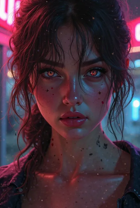 "A hyper-realistic digital painting of a young woman with an intense gaze, a mix of beauty and chaos in her expression. Her makeup is slightly smudged, her hair tousled, and she wears a confident yet wild look. Neon city lights reflect in her eyes, enhanci...