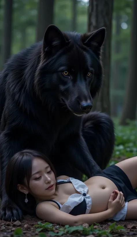 pregnant brunete. black hair. Wearing a mini dress. She is lying on the ground.  Her face shows exhausted. She Is totally powerless. A powerfull black muscular wolfman is on side of her, guarding her.  In a dark forest with little rain.