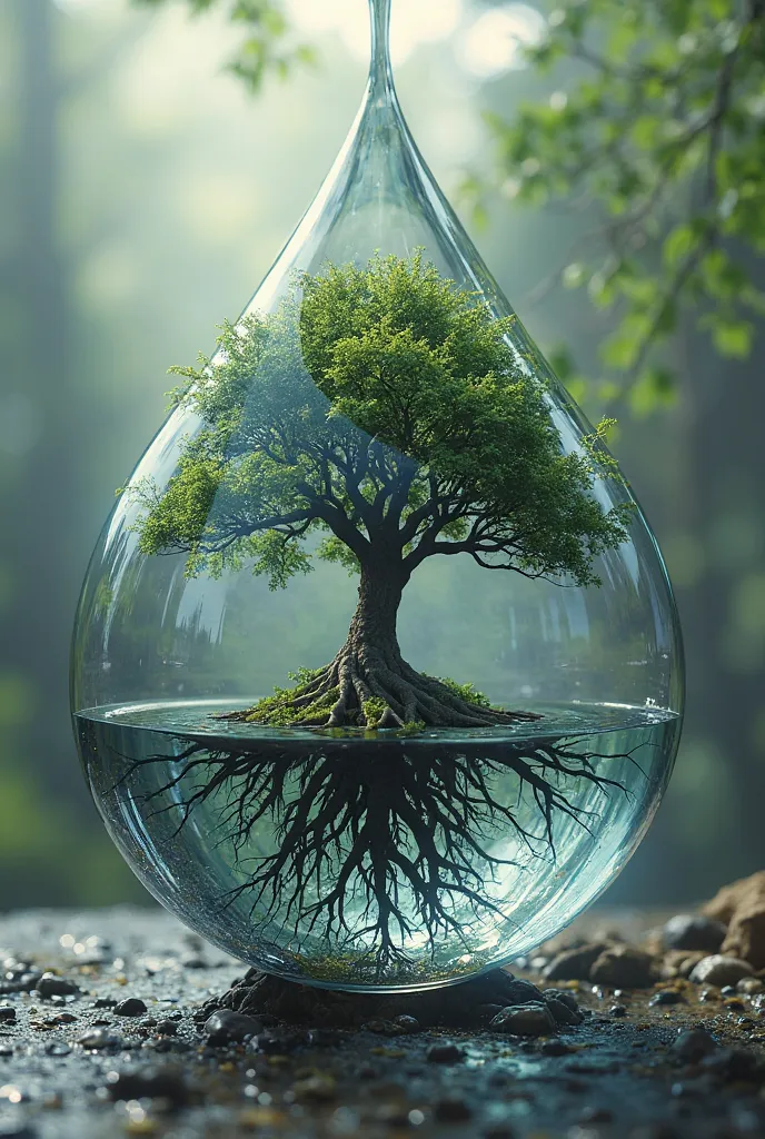 A tree growing inside a drop of water.