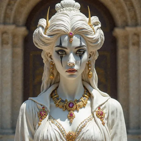 A majestic statue of a royal woman carved in white and gold marble, with fine white hair hairstyles and an elegant and refined dress. Her gaze transmits a soft aura, more intimidating, as if she carried hidden secrets. The clown makeup is sculpted in black...