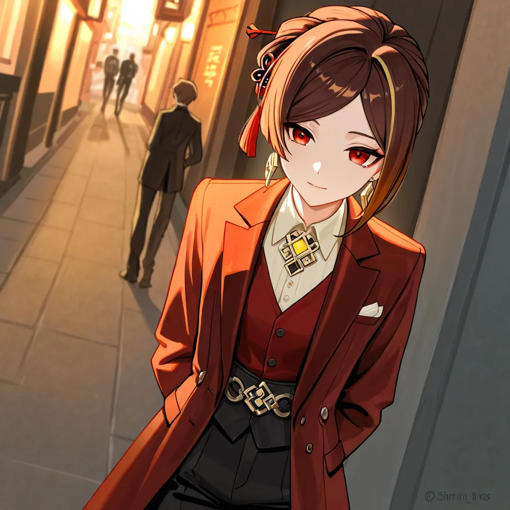 A male character inspired by Chiori from Genshin Impact,  with brown hair,  RED EYES, modern elegant Asian style clothing and earring