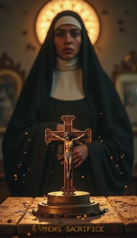  A film poster with a dramatic and spiritual tone .  In the background,  an ethereal image of Mariana de Jesús de Paredes ,  an Ecuadorian nun from the 17th century ,  with her dark habit and a halo of soft light around her ,  transmitting holiness and sac...