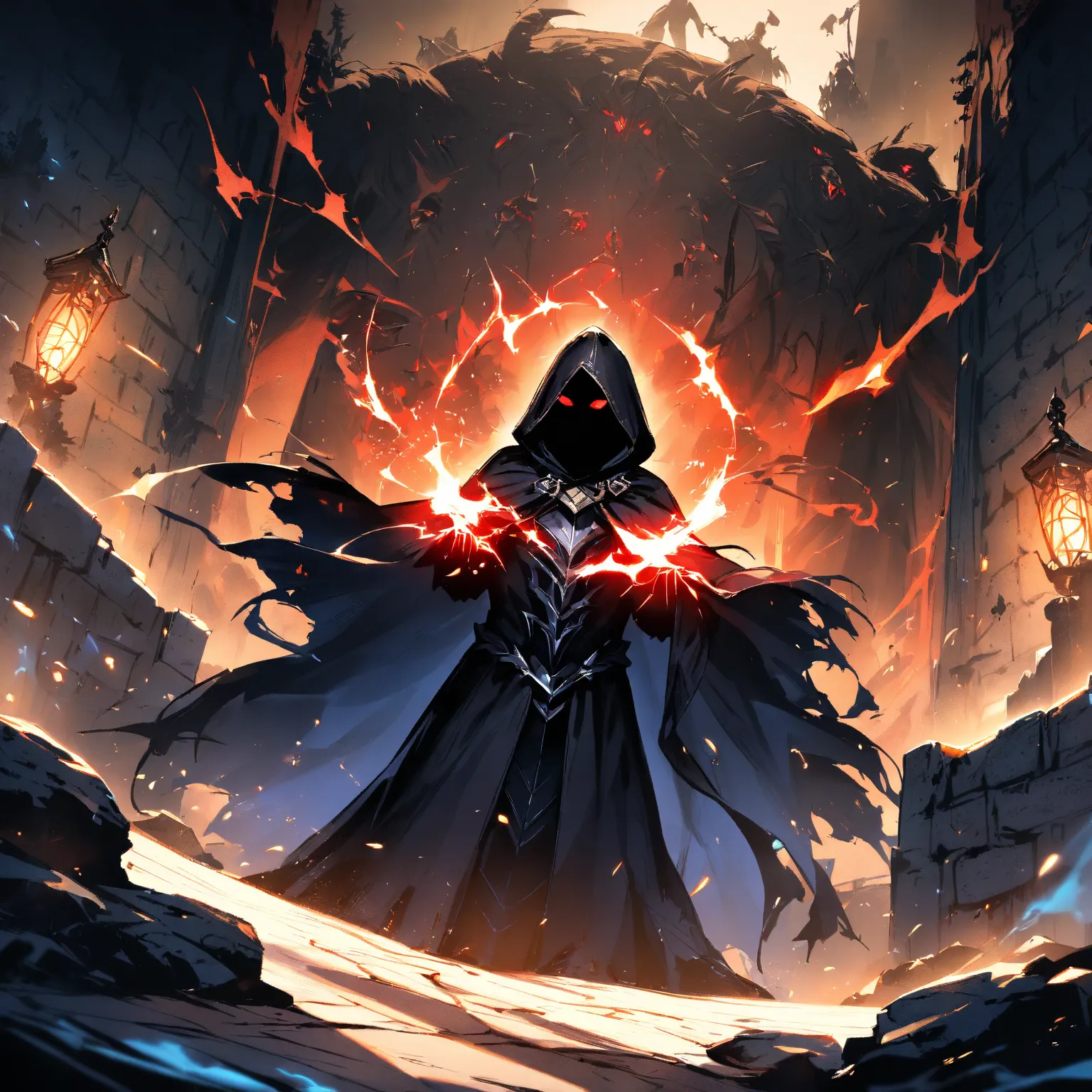 High resolution, dungeon environment, near angle, giant size, hood, red eyes, Black cloak 