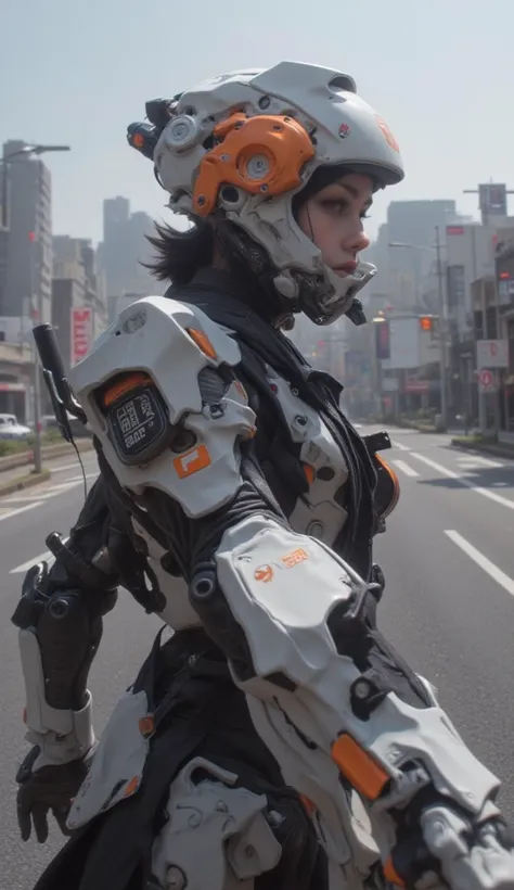   from above、 fisheye、８ｋ,  It just looks like the real thing  、  super realism 、 Slender Woman  、 white and orange combat powered suit 、I have a motorcycle tire on my back、straight line, Rugged design、unit paint and identification number 、 dynamic pose、Sle...