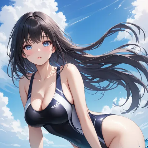 (masterpiece,best quality,ultra detailed,high resolution),(realistic:0.5),(front shot,upper body),leaning forward,daytime,a lady,black hair,straight hair,cool eyes,competition swimsuit,beautiful sky,Busty breast,breast cleavage,