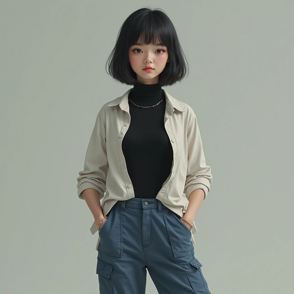 Create a 25-year-old Asian girl, medium-short black hair,  black eyes, with a moody face and it would be, wearing a black turtleneck top, with an unfastened white shirt, blue cargo pants and white shoes