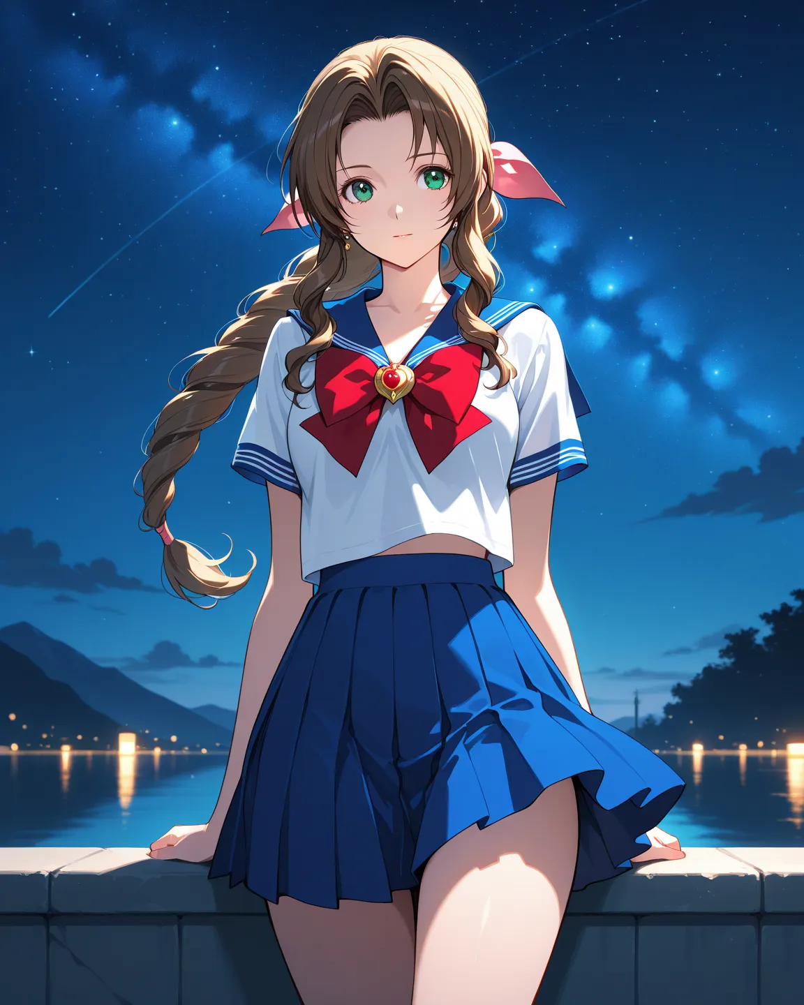 1 girl, solo, cowboy shot, final fantasy 7, masterpiece, best quality, ultra detailed, outdoor, night, starry sky, BREAK, Aerith Gainsborough, BREAK, sailor moon, blue skirt,