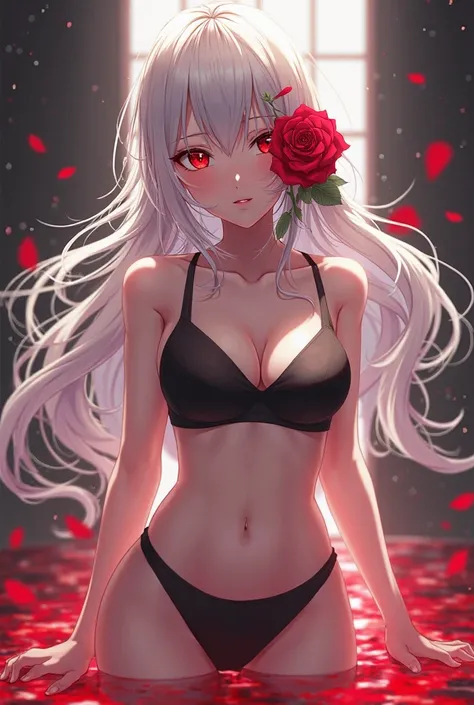 Based on the anime art style, Create a female character , A girl,  long white hair, Blood red eyes, her right eye is covered by a rose, wears a black 2-piece swimsuit,  Lighting and Shadows . 