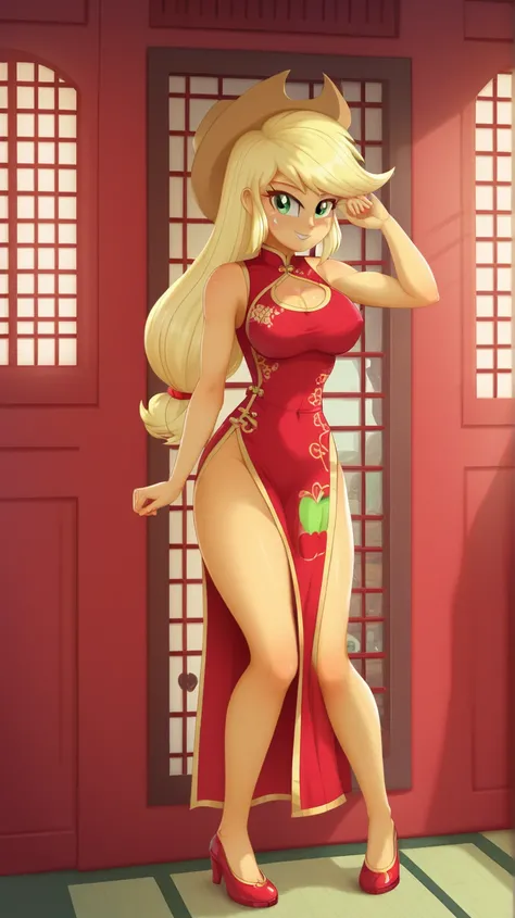 safe_pos, score_9, score_8_up, score_7_up BREAK , applejack, human, equestria girls, g4, BREAK large breasts, BREAK looking at you, red cheongsam, inside of a chinese temple, full body view, chest window, leaning on the wall