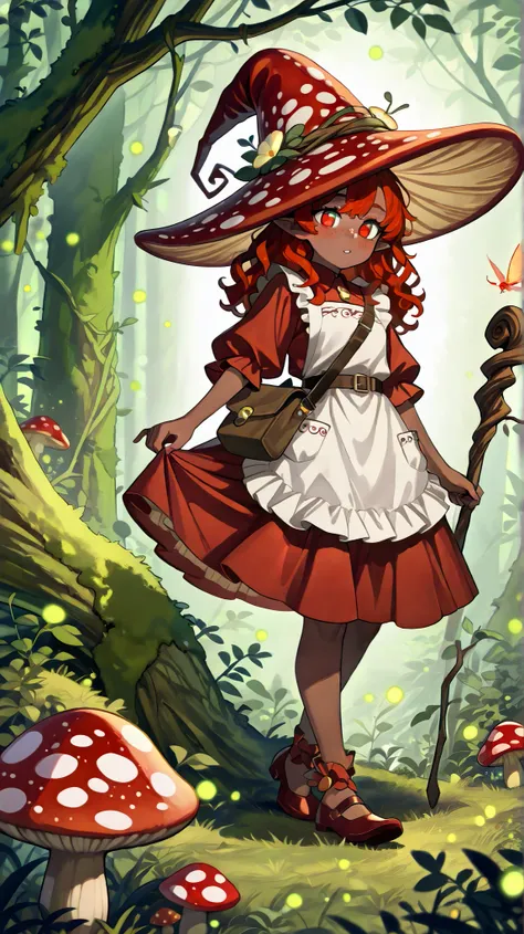 a Fungi Witch with tanned dark skin covered with freckles. She has yellow/scarlet eyes. She has loose ginger red wavy hair, long to her feet. She wears a swampy green medieval witch's dress and an apron with two pockets. You're wearing a potion belt. Ther...