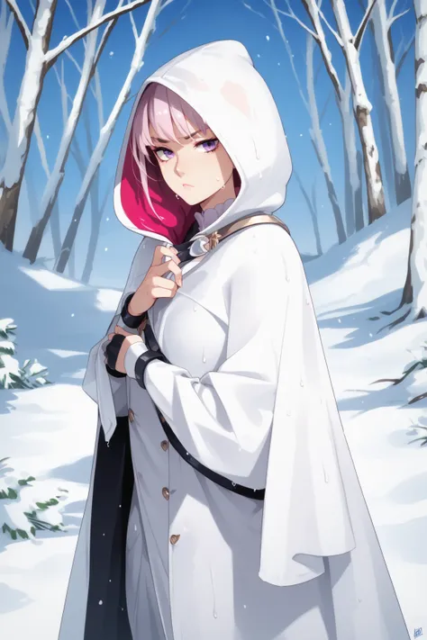 Female, fleshy body, Snow-white short spiky hair, A long white cloak covers her body, wet body, she has a white hood, her eyes are visible, purple eyes, serious look, stands stretched out, her hands are not visible, the background is a white room