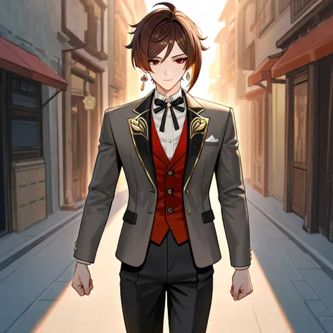 A male character inspired by Chiori from Genshin Impact,  with brown hair,  RED EYES, modern elegant Asian style clothing and earring