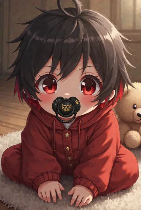 Pale skinned baby, black hair with red highlights ,  medium length , blood-red eyes, red baby clothes, black pacifier with gold details,  expression would be, sitting on a carpet on the floor and an anime teddy bear