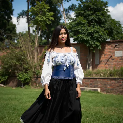 A professional photograph of a confident woman posing in a traditional outfit. She has long, straight black hair cascading down her back, warm tan skin, and striking facial features. She is wearing an off-the-shoulder white blouse adorned with intricate bl...