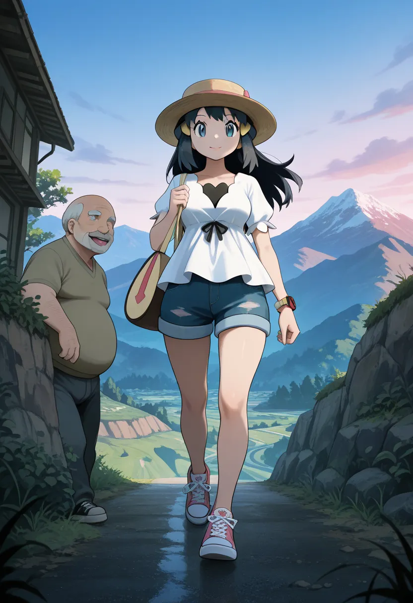 masterpiece, best quality, amazing quality, very aesthetic, absurdres, newest, scenery,highly detailed,high-resolution,low-angle shot,female,woman,dawn/hikari,pokemon diamond pearl,dark-navy hair,long hair,aquamarine eyes,fair skin,glossy texture,pink lips...