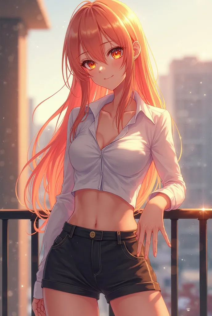 anime male, shiny peach hair, shiny orange eyelashes, glittering orange eyes, female, bun, white shirt, black shorts, standing in balcony, , muscle 