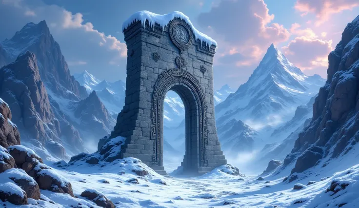 winter landscape, snow, mountains in the middle ground huge stone gate to Valhalla with carvings in the form of runes in the style of heartstone casual graphics in casual style, dark tones