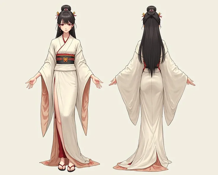 Character sheet, orthographic front, side, and back views, Japanese woman