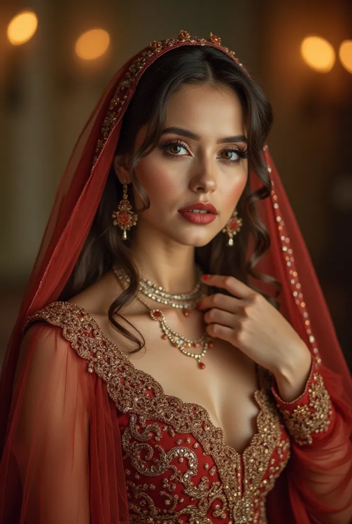  here's a description of the image:

The image shows a beautiful woman wearing a veil and a reddish brown dress with intricate gold details. She wears matching earrings and her makeup is impeccable, with smoky eyes and red lips.  The background is blurred ...