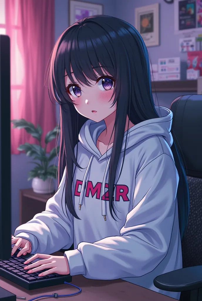 10-meter portrait of a beautiful anime character sitting down programming on her computer in her technology-themed bedroom, -themed bedroom wearing a large all-white sweatshirt written DMZR, She has black hair from Latin decadence