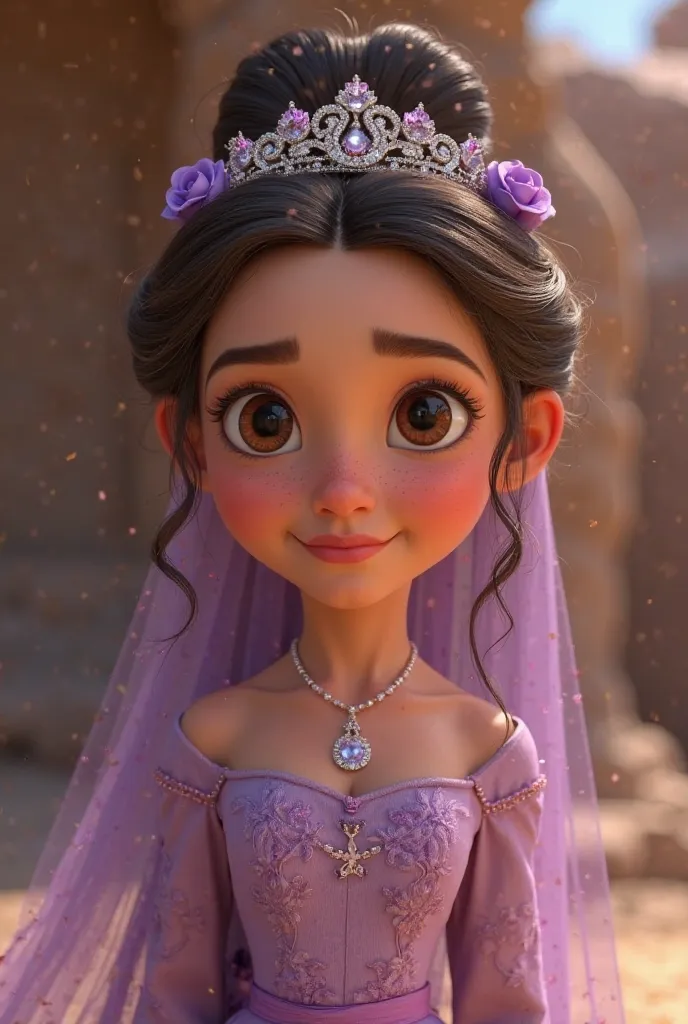 Disney Pixar 3D style images a beautiful young woman with big eyes with a high bun hairstyle tied up with a purple flower comb and dressed in a long dress E
And Ephod the color lilac she is kneeling while Jesus in Nazareth puts a beautiful tiara on her hea...