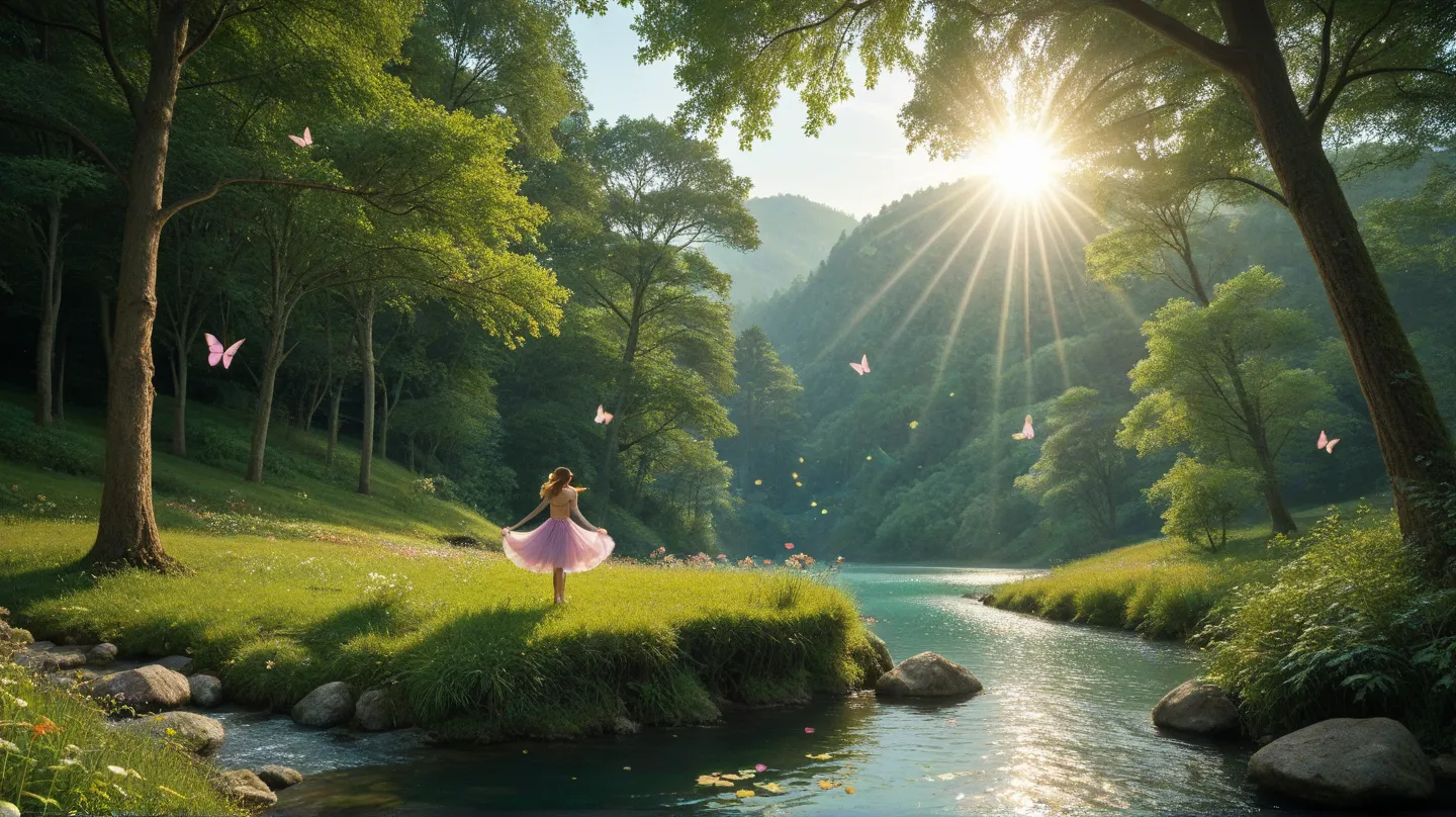 "A dreamy, Ghibli-inspired enchanted meadow bathed in soft golden sunlight. A crystal-clear, gently flowing river winds through the vibrant green landscape, reflecting the shimmering light. Wildflowers in soft pastels and vibrant hues sway in the breeze, t...