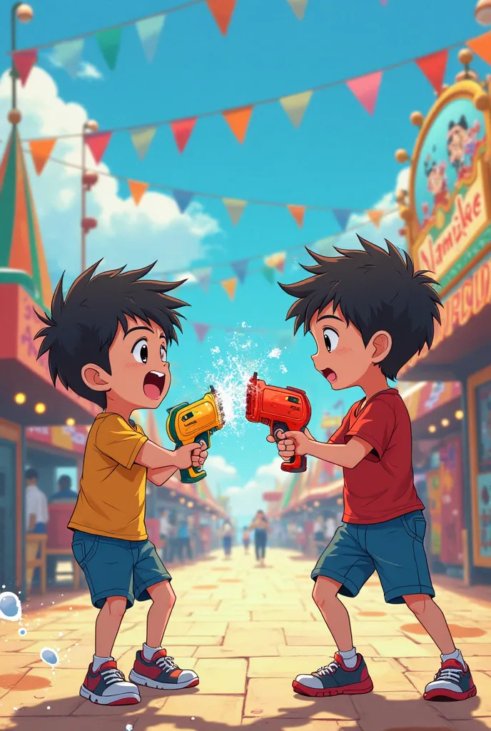 An anime-like carnival image about two boys playing with water guns 