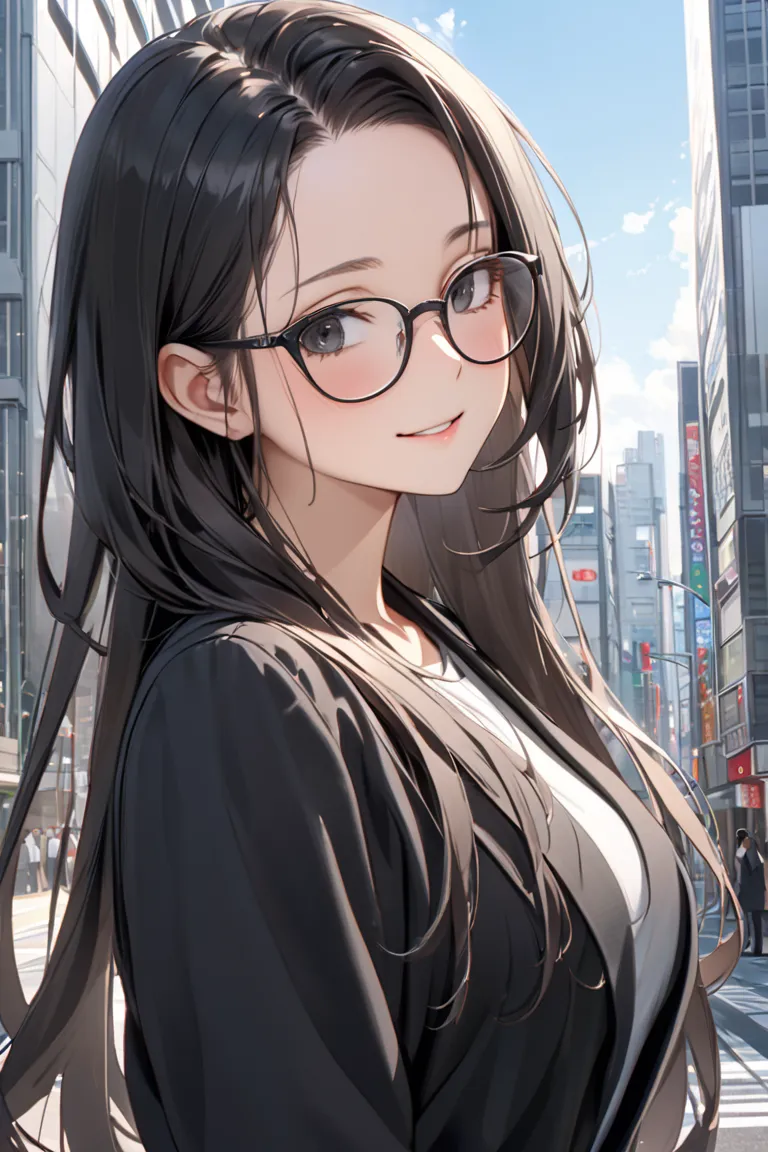 best quality, soft , super detail,  beautiful , 8k, 1 girl , long hair, black hair, outdoor, bright,  clear sky,  mature women, long hair, forehead, Black Eyes, glasses,  black clothes , in Tokyo city building, happy