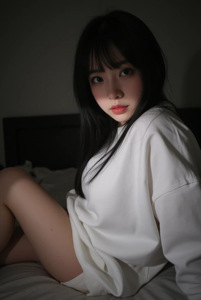 amateur photo, selfie in Instagram POV style ,  In her room , lying on your bed, Taking a selfie, dark day, without makeup, she has long black hair with bangs, in a white sweatshirt, big hips, Beautiful legs natural Asian face ,  pale skin, Sitting around ...