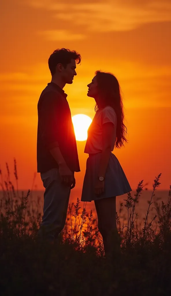 “A vibrant, cinematic poster cover featuring college s, a passionate charming lean boy and beautiful girl, both are right in front of sun set and both are darkened in image due to sun in front of them in image. Both are causally dressed with normal dressin...