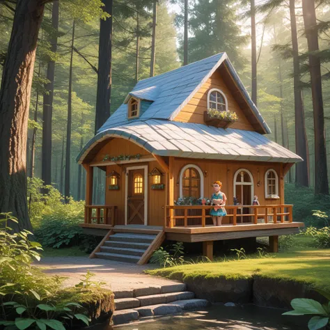  miniature house、Diorama-like composition、 Very Delicate、Model-like touch、 Wood Deck 、 Surrounded by woods 、Dwarf Grandpa and Dwarf Girl、