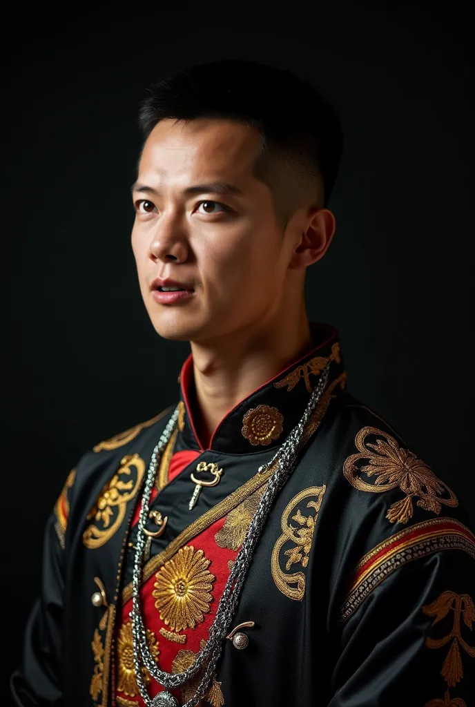 Create a stunning portrait of a Chinese young boy, 18-years-old, handsome, crew cut hairstyles, muscular figure, dressed in intricate traditional attire. his clothing features rich, deep black fabric adorned with vibrant embroidered patterns in red, yellow...