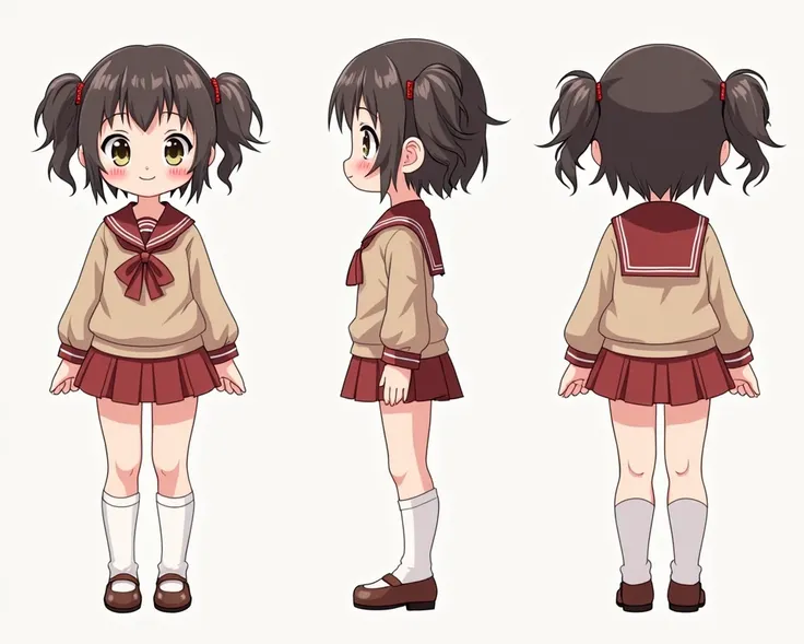 Character sheet, orthographic front, side, and back views, cute japanese schoolgirl