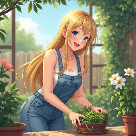 anime woman, long blonde hair, blue eyes, White tank top, blue denim overalls, toned arms, at home, backyard, watering plants, happy, arched back 