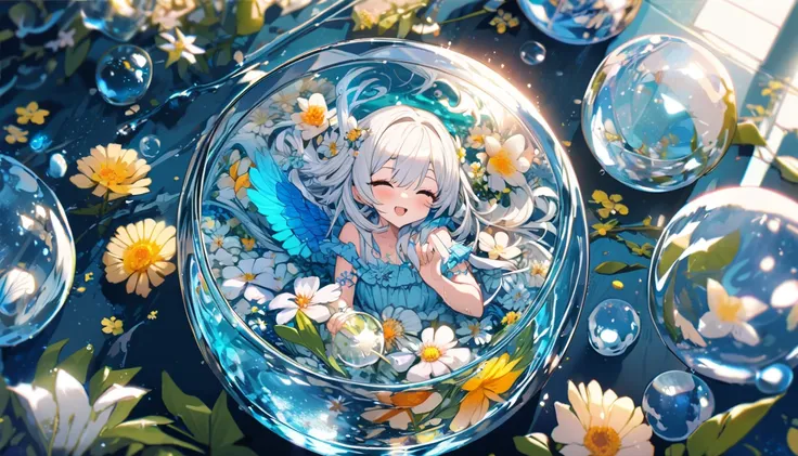 super detailed,  8,000, Angelic, A glass, water in a glass, flowers in a glass, bubble, correct blue water, Cool, Bright