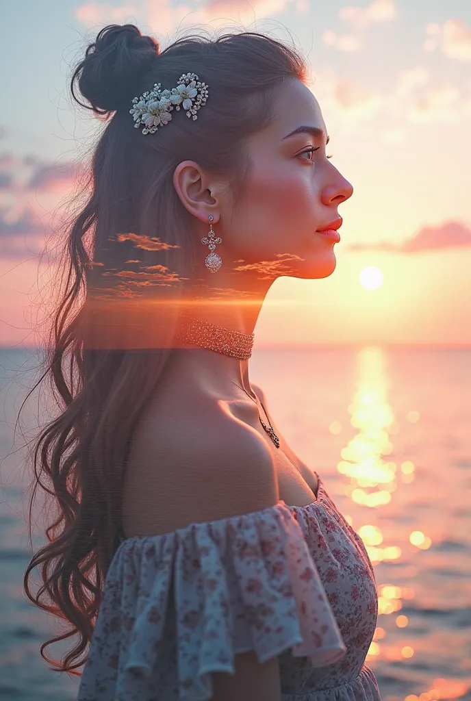 high quality, 8K Ultra HD, A beautiful double exposure that combines an goddess silhouette with sunset coast, sunset coast should serve as the underlying backdrop, with its details incorporated into the goddess , crisp lines, The background is monochrome, ...