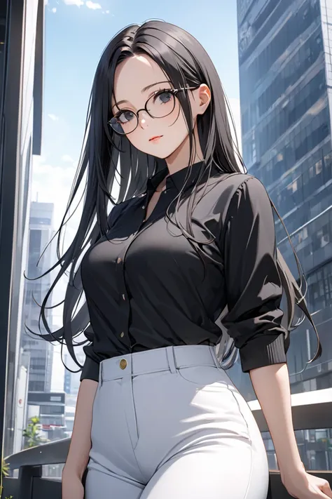 best quality, soft , super detail,  beautiful , 8k, 1 girl , long hair, black hair, outdoor, bright,  clear sky,  mature women, long hair, forehead, Black Eyes, glasses,  black clothes , white pants, in Tokyo city building