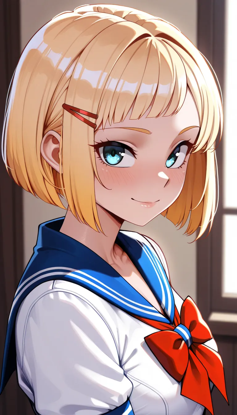 detailed faces:1.3,blush, ( perfect anatomy, female in her 20s:1.3,), perfect face,(( hairstyle,blond with a big face, bob cut,  hairpins,)) ,((sailor suit:1.3,)),(top quality:1.2, very well detailed, Advanced CG Illustration, soft focus, masterpiece:1.2, ...