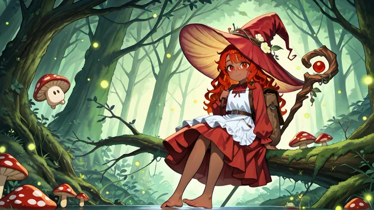 a Fungi Witch with tanned dark skin covered with freckles. She has yellow/scarlet eyes. She has loose ginger red wavy hair, long to her feet. She wears a long puffy swampy green medieval witch's dress and an apron with two pockets. You're wearing a potion...