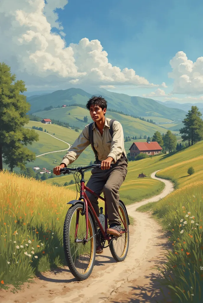 of a poor young man riding a bicycle in a rural setting, realistic portrait,  detailed, 4K, vivid colors, natural lighting, Air scene