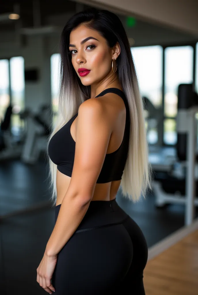 An attractive woman with a slim but curvy body poses in a modern gym. She is wearing a black workout outfit consisting of a sleeveless top and tight black leggings, highlighting her curves, especially her voluminous hips and buttocks. Her long, straight ha...