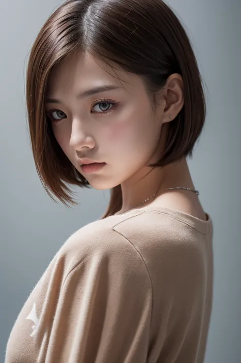 studio shot、 classic short back ＆side person、Brown hair with dark blue、Perfect impression 、 serious expression、 clear lighting without fog、high resolution images、ai model