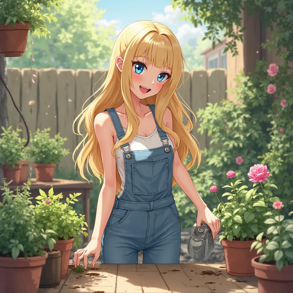 anime woman, long blonde hair, blue eyes, White tank top, blue denim overalls, toned arms, at home, backyard, watering plants, happy, arched back 