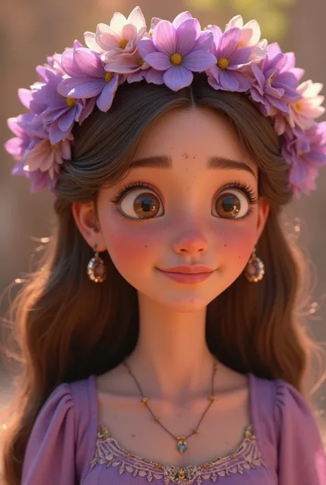 The Disney Pixar 3D style image is、a beautiful young woman with big eyes held together with purple flower hairpins、and they're wearing a long dress。
and、Jesus of Nazareth placing a beautiful crown on a young woman's head