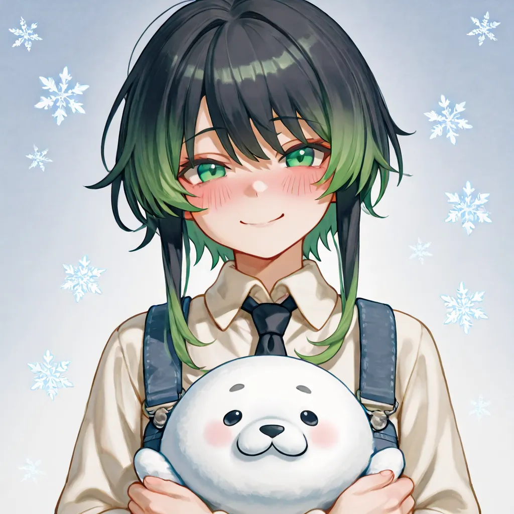  male, Male teacher,are cool,Black and green hair, High Resolution, ,masterpiece, smile,embarrassed,Big shining green flame,holding a stuffed seal, Snow Flutters .