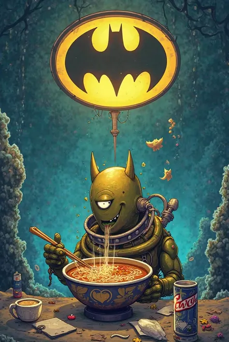 Stickers bathysignal eating soup ramen with Batman in the sky logo