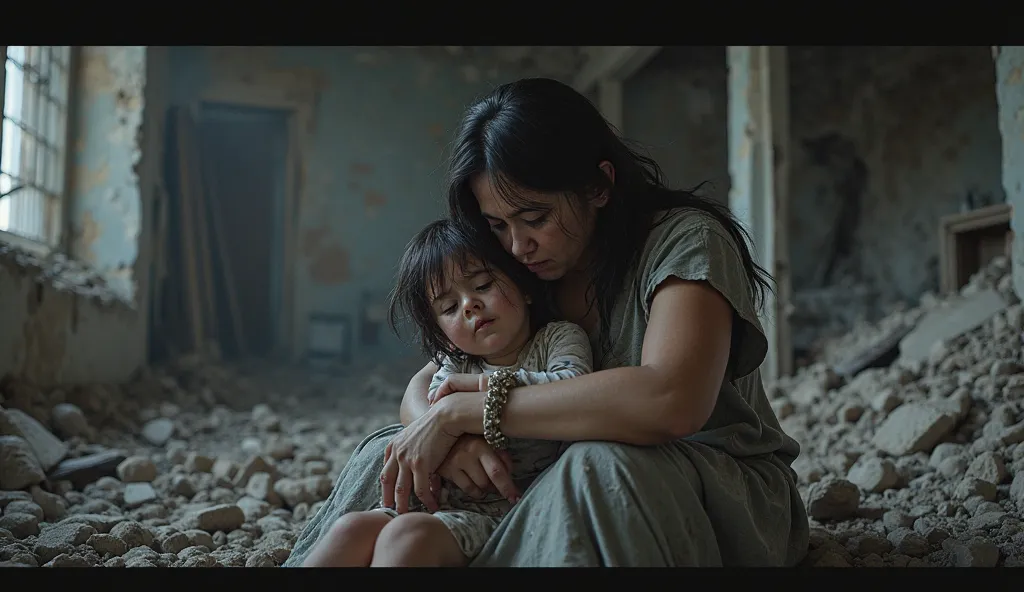 "A devastated mother sits on the ruins of a destroyed home, cradling the body of her , her face frozen in an expression of unbearable sorrow."