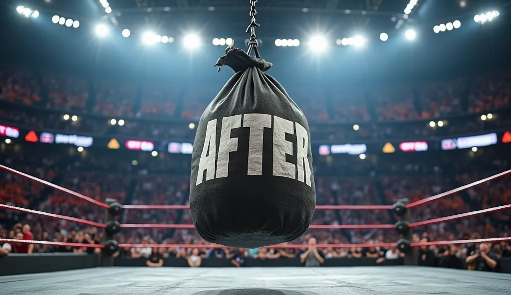 A highly detailed, ultra-realistic 4K image of a professional wrestling ring set in a massive arena, illuminated by bright overhead spotlights. Suspended from the ceiling in the center of the ring is a large, heavy-duty sandbag, hanging from thick chains. ...