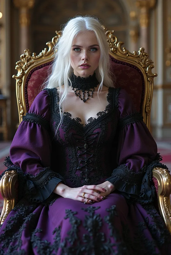 Tall woman with white hair. purple eyes.  pale white skin. Victorian era dress in gothic colors between black and purple. landscape: She is seated on a gold and silver throne in the middle of a large ballroom