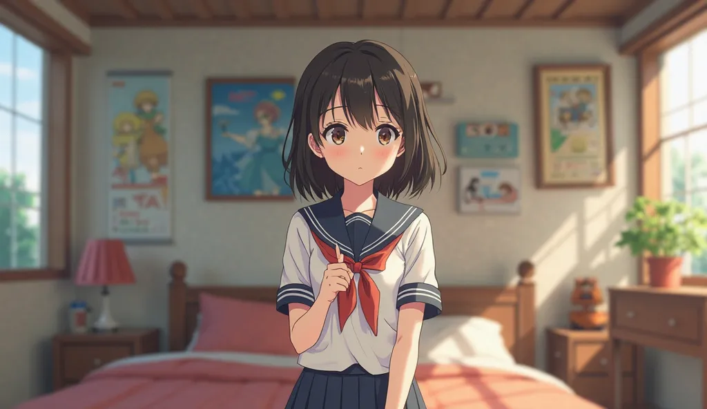 the girl with school uniform, in the room, style of 90's Japanese anime